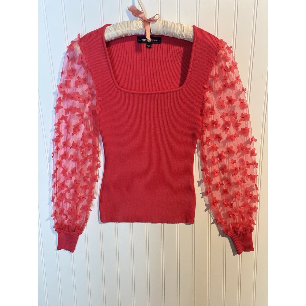 Almost Famous Pink Sweater Scoop Neck Sheer Sleeves Butterfly Appliqué Large